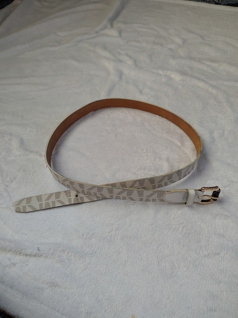 MICHAEL Michael Kors White Patterned Leather Belt with Gold Buckle